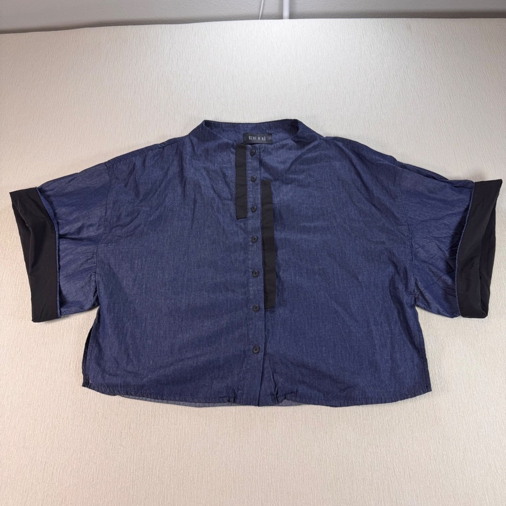 Ozai N Ku Blue Cotton Boxy Button Down Top Band Collar Short Sleeve Size M